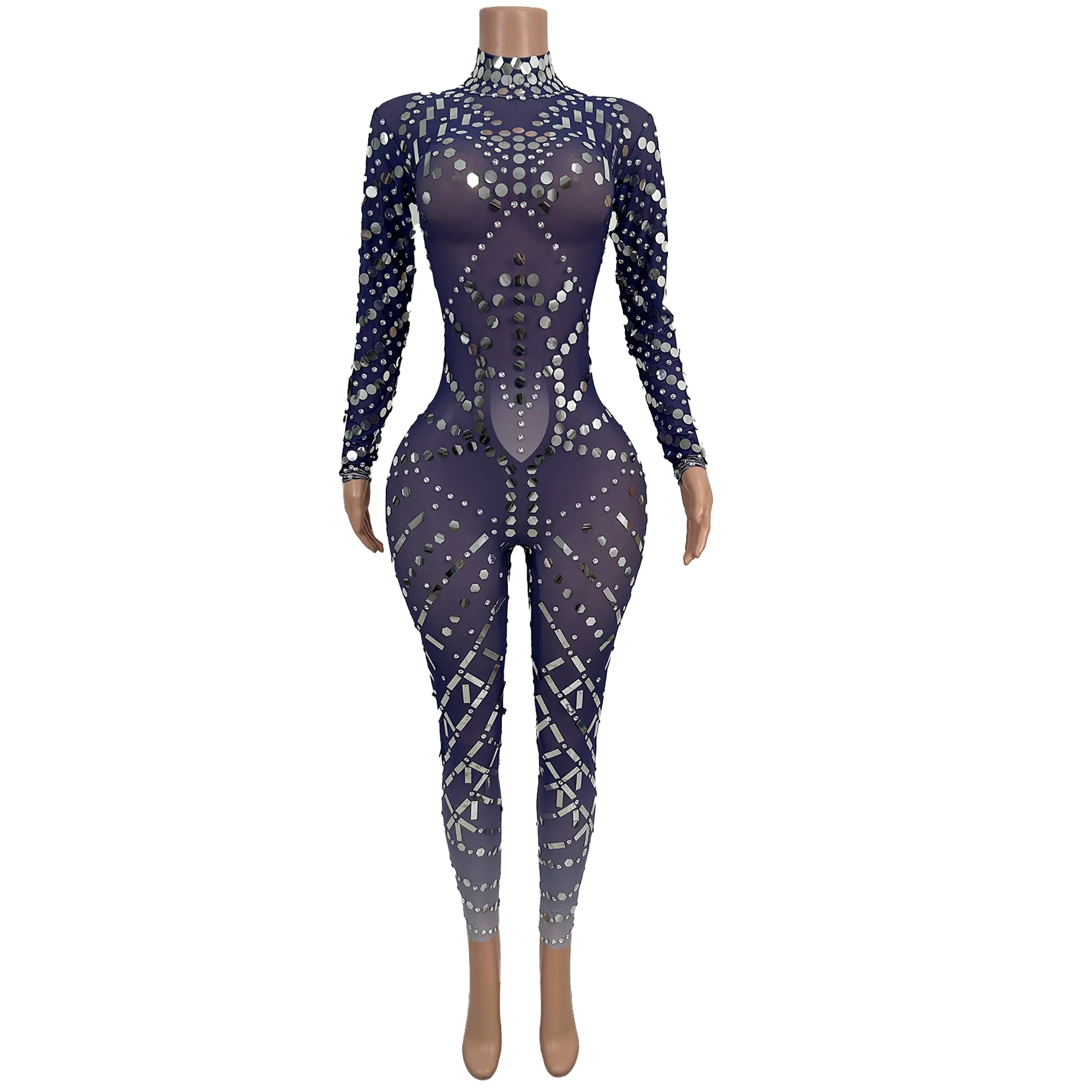 Jingdian Womens Sexy Silver Mirror Sheer Mesh Jumpsuit Long Sleeve High Neck Bodycon Party Club Stage Performance Outfit