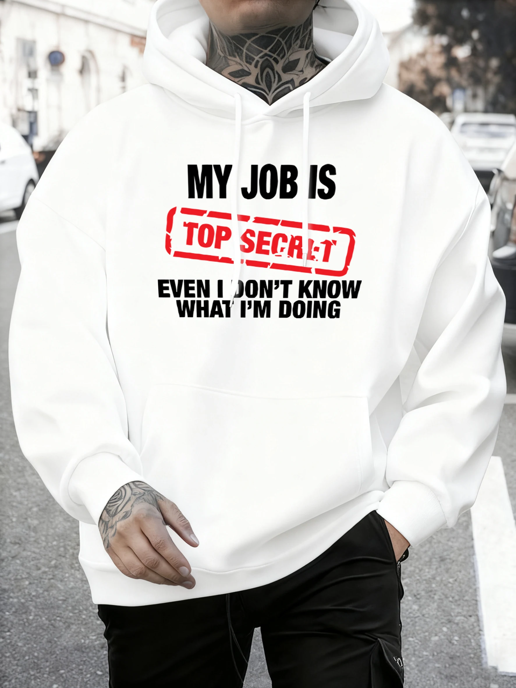 My Job Is Top Secret Printed Men'S Autumn Fleece Sweatshirts Soft Jogging Hoodie Street Comfy Pullovers Casual Sport Clothes