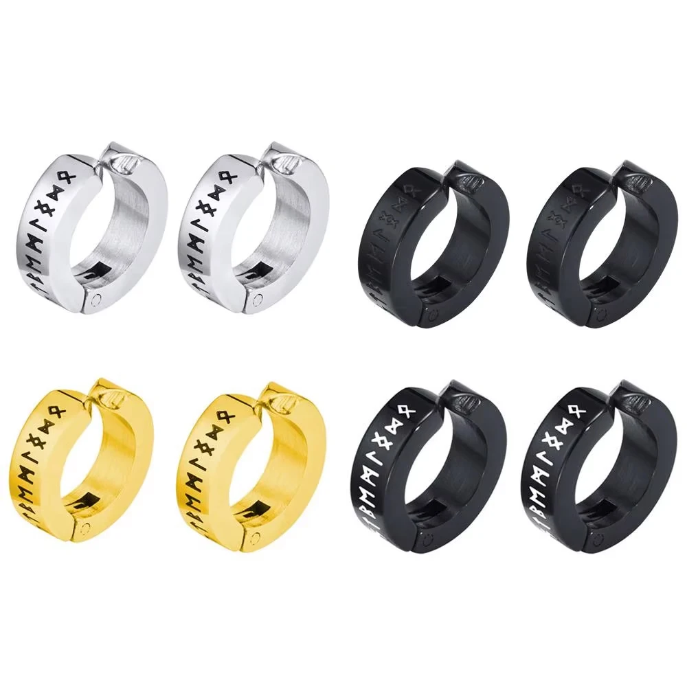 Viking Runes Hoop Earrings for Men Women Non Pierced Clip Earrings Stainless Steel Norse Viking Letter Words Huggie Earrings
