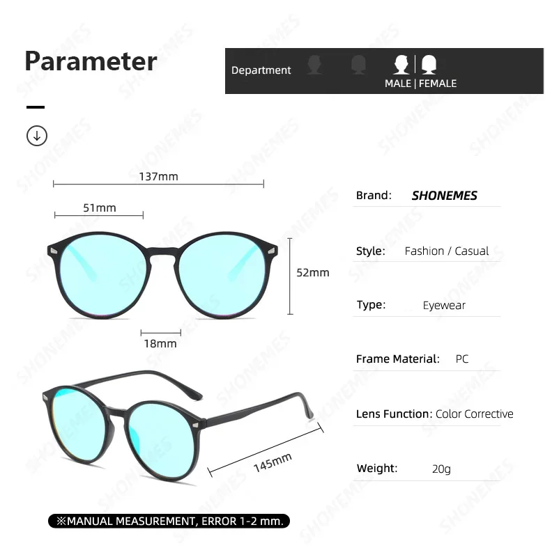 Classic Round Color Blindness Glasses Colorweakness Corrective Eyeglasses Red Green Blind Eyewear for Daltonism