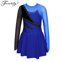 Kids Girls Ballet Dress Shiny Rhinestone Tutu Gymnastics Leotard Long Sleeve Sheer Mesh Dresses Dancewear Figure Skating Dress