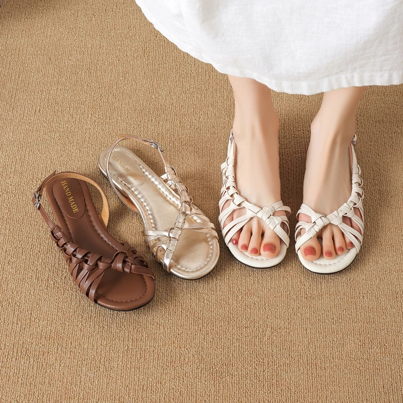 Women's new summer leather, cowhide, loose grip, comfortable low heel, woven open toe, woven Roman shoes, fashion sandals