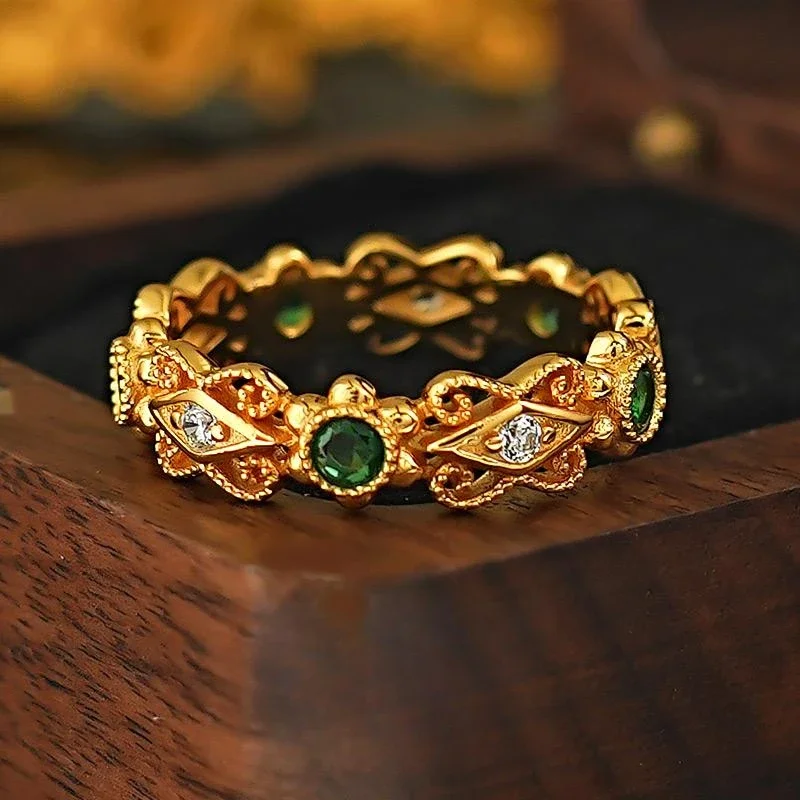 Classical Lace Lined Ring 925 Silver Plated Gold Court Retro Floral Silk Bead Edge Layered Emerald Green Ring for Women