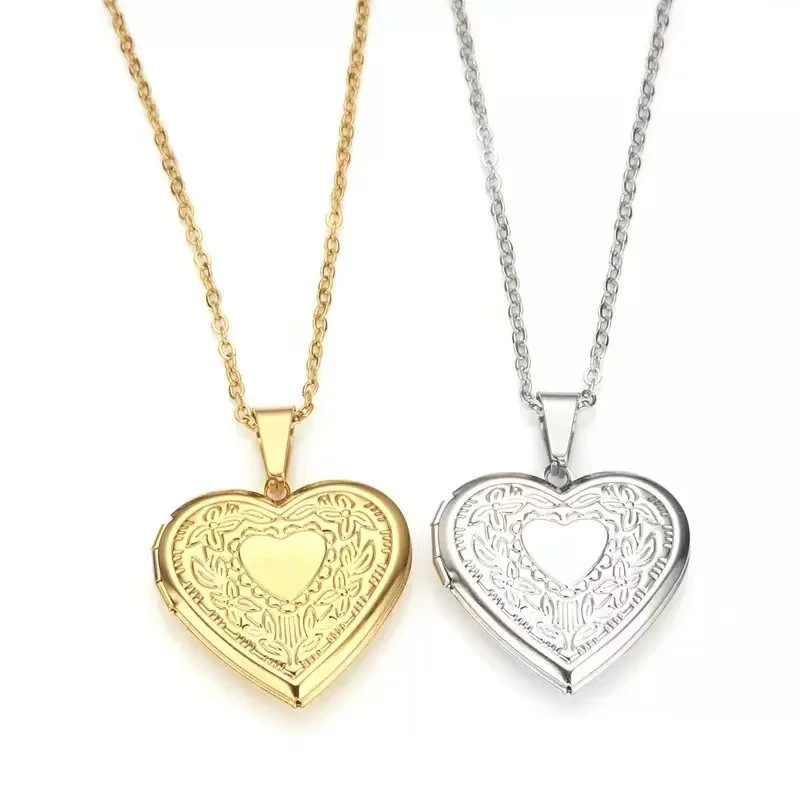 1PCS Fashion Romantic Love Picture Frame Women's Pendant Necklace, I Love You Flower Pattern Heart shape Can Open Chain Necklace