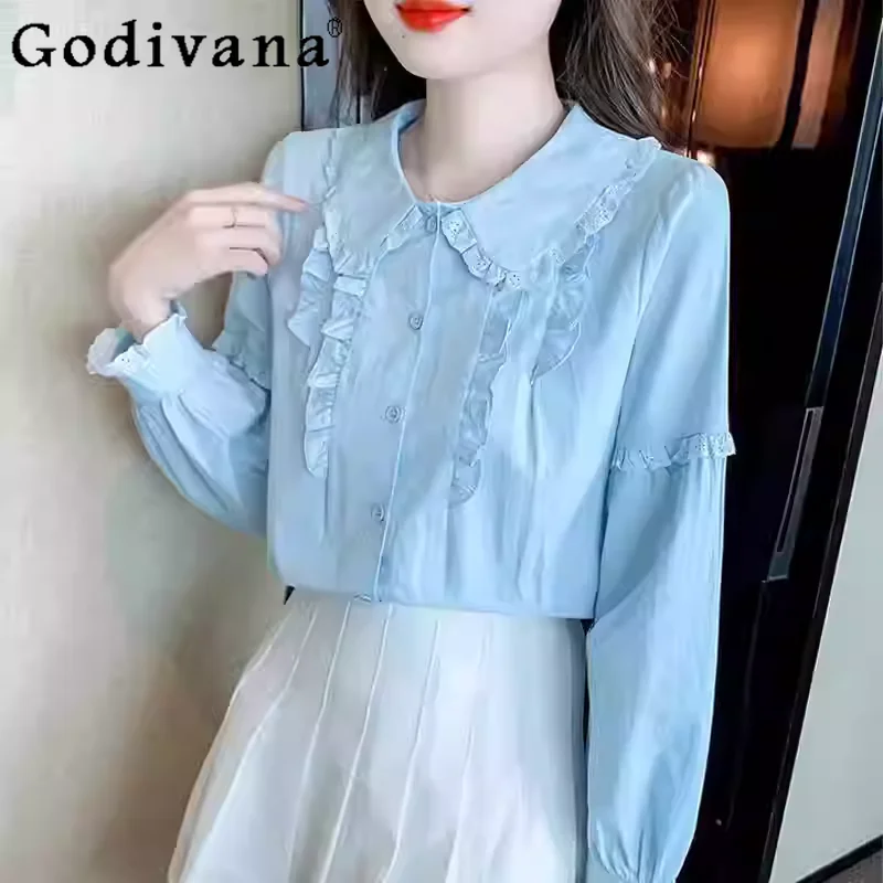 

Large Size Sweet Ruffles Lace Long Sleeve Lolita Shirts Women Spring Autumn Light Blue Age Reduction Versatile Loose JK Shirt
