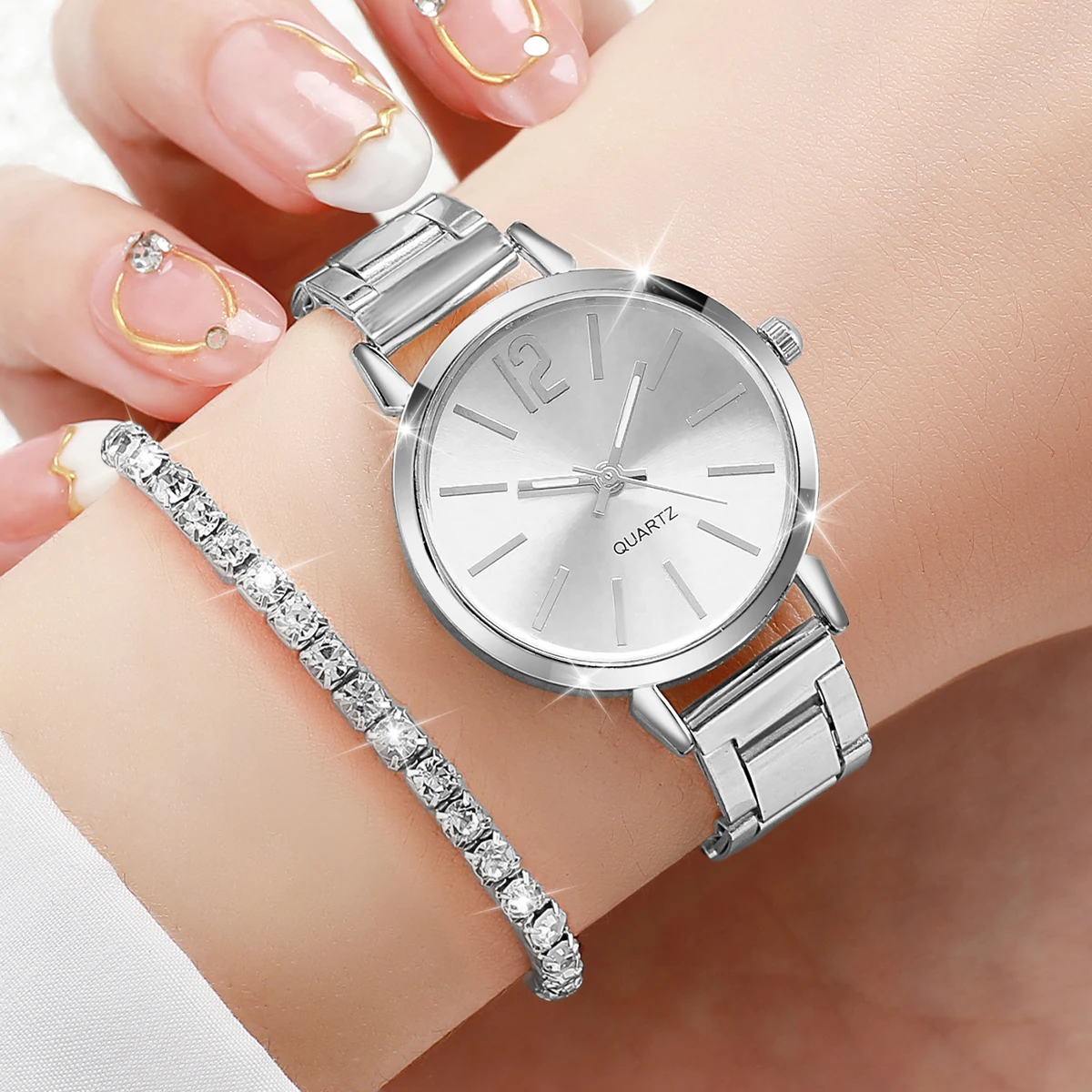 6PCS/Set Fashion Women\'s Quartz Watch Stainless Steel Band Wrist Watches Diamond Jewelry Set(Without Box)