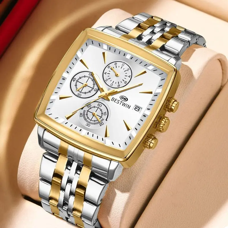 Men's Quartz Wristwatch Multifunctional Chronograph Watch Waterproof Calendar Business Male Watch Solid Steel Band Daily Wear