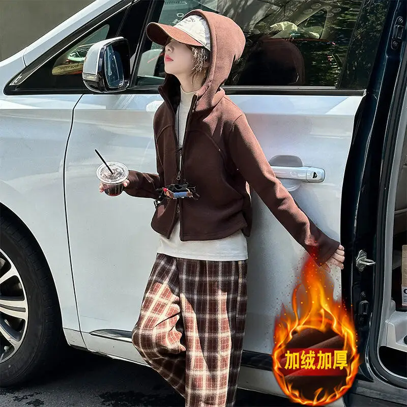 

Kawaii Girl Zip-Up Jacket Checkered Pants Student Autumn and Winter Tops Coat Long Pants 2-Piece Set Casual Children's Clothing