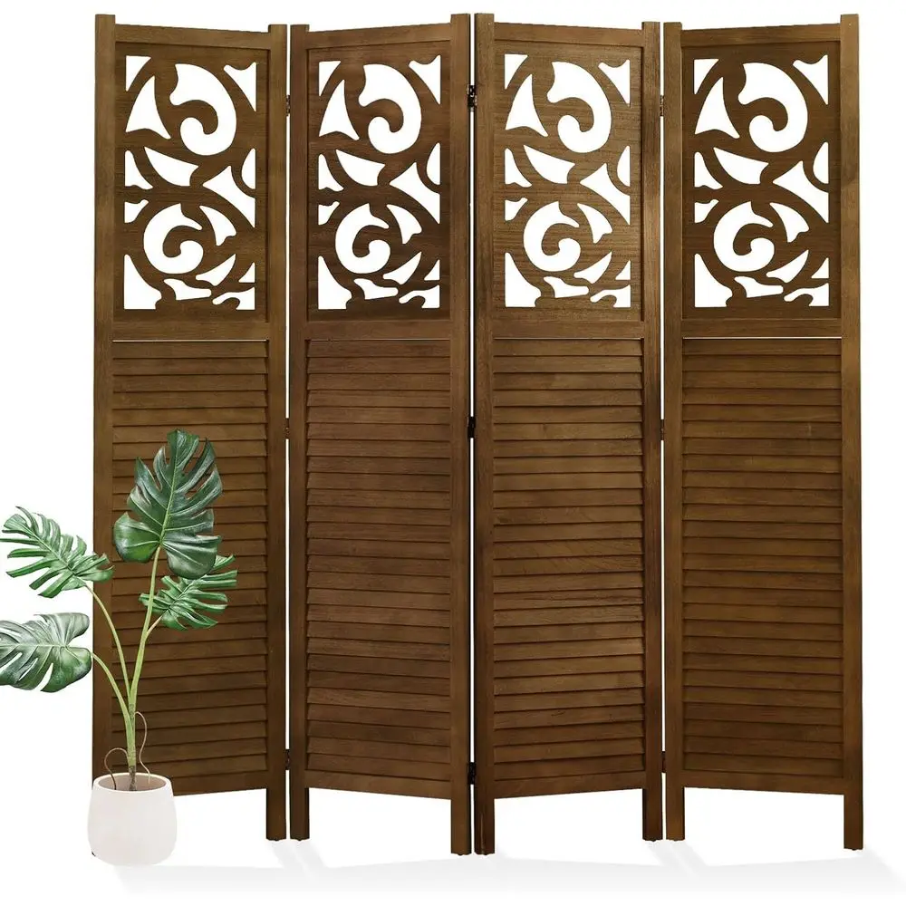 Wood Carved 4-Panel Room Divider, Portable Privacy Screen, Reversible, Decorative Partition for Home, Office, Bedroom (Brown)