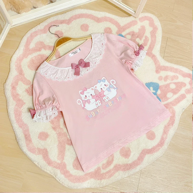 Pink Sweet Cat Print Lolita Crop Top Women Y2k Aesthetic Ruffles Bow O Neck Short Sleeve T-shirt Japanese Kawaii Cute Tees Tops