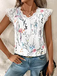 Women's Daily Home Tops Summer Comfortable Casual V Neck Lace Splicing Printed Short Sleeve Shirt New Women's Fashion T-Shirt