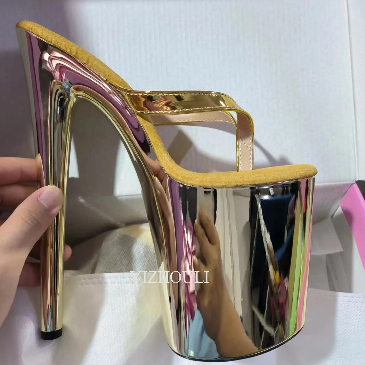 Color can be customized, fashion 15-17-20cm princess slippers, electroplated gold sexy nightclub heels, model stage show sandals