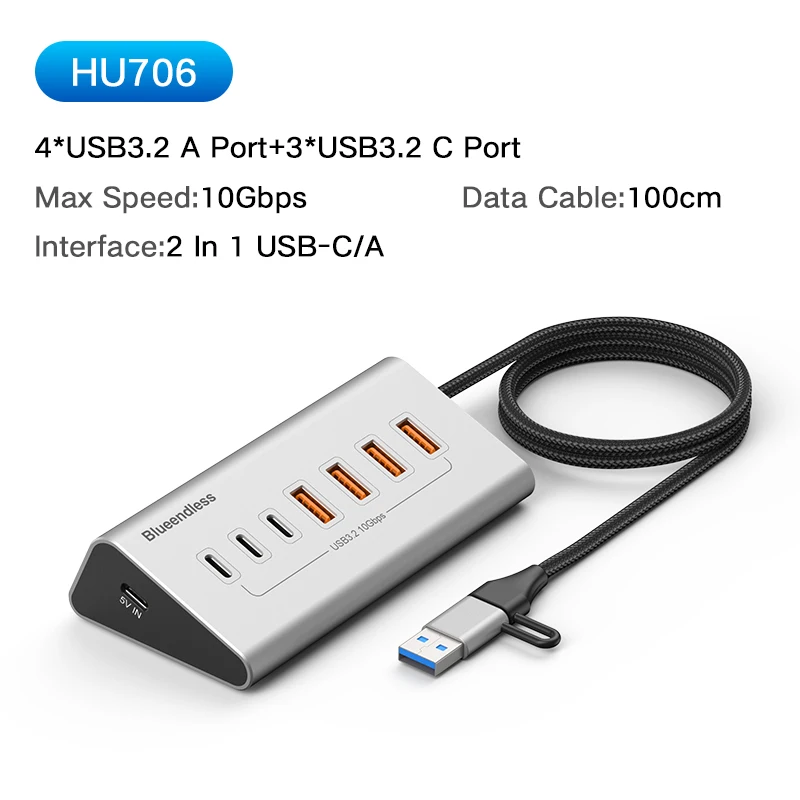 Blueendless Aluminium 10Gbps USB3.2 Gen2 4/10-Port HUB Dockingstation USB-C USB-A Typ C Splitter Adapter für PC Laptop MacBook