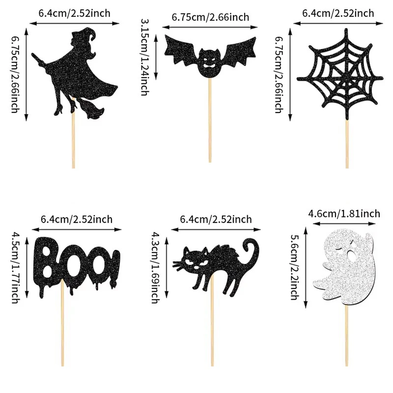 NUBECOM 24 Stück Halloween-Kuchenaufsätze, Party-Cupcake-Topper, Picks, glitzernde Hexe, Fledermaus, Spinnennetz, Boo, Katze, Geister-Kuchendekorationen – Detail 4