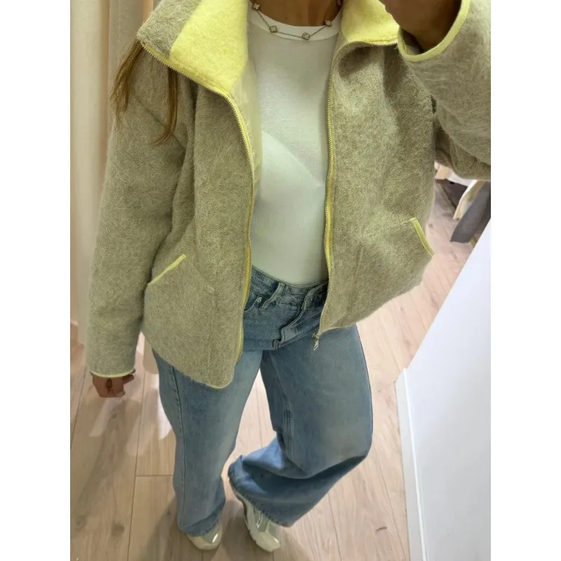 

Fashion Contrasting Knitted Cardigan t Long Sleeve Pockets Zipper Women Warm Sweater Spring Street Lady Chic Outwear