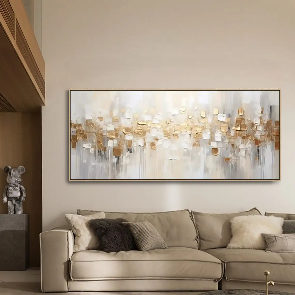 Frameless Gold Abstract Painting on Canvas Textured Wall Art Gold Foil Painting Boho Wall Decor Bright painting Large Modern Art