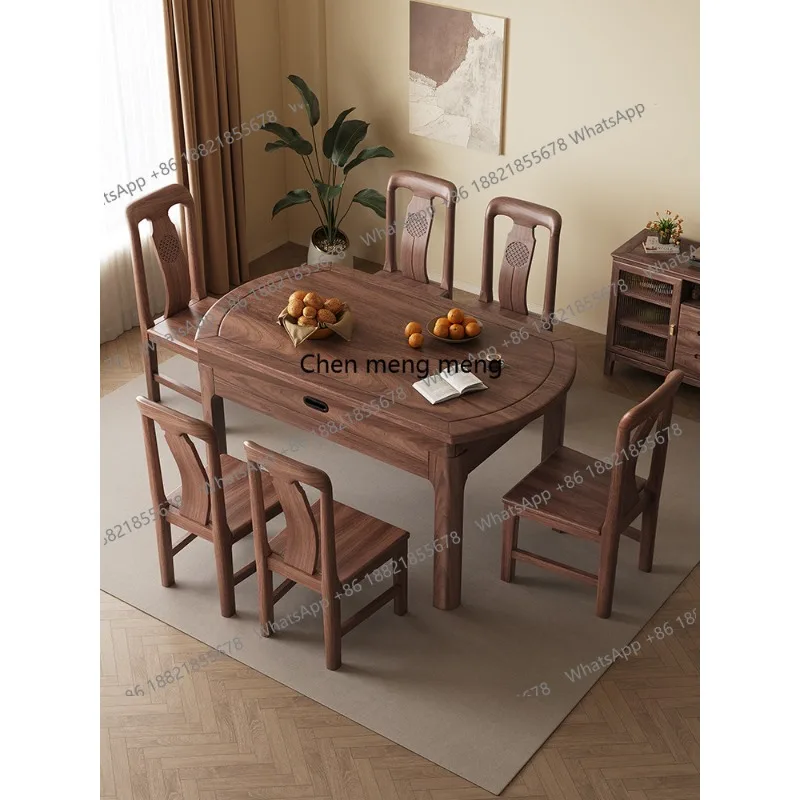 Black walnut solid wood dining table is simple, with turntable combination can be folded and deformed, dual-purpose dining table