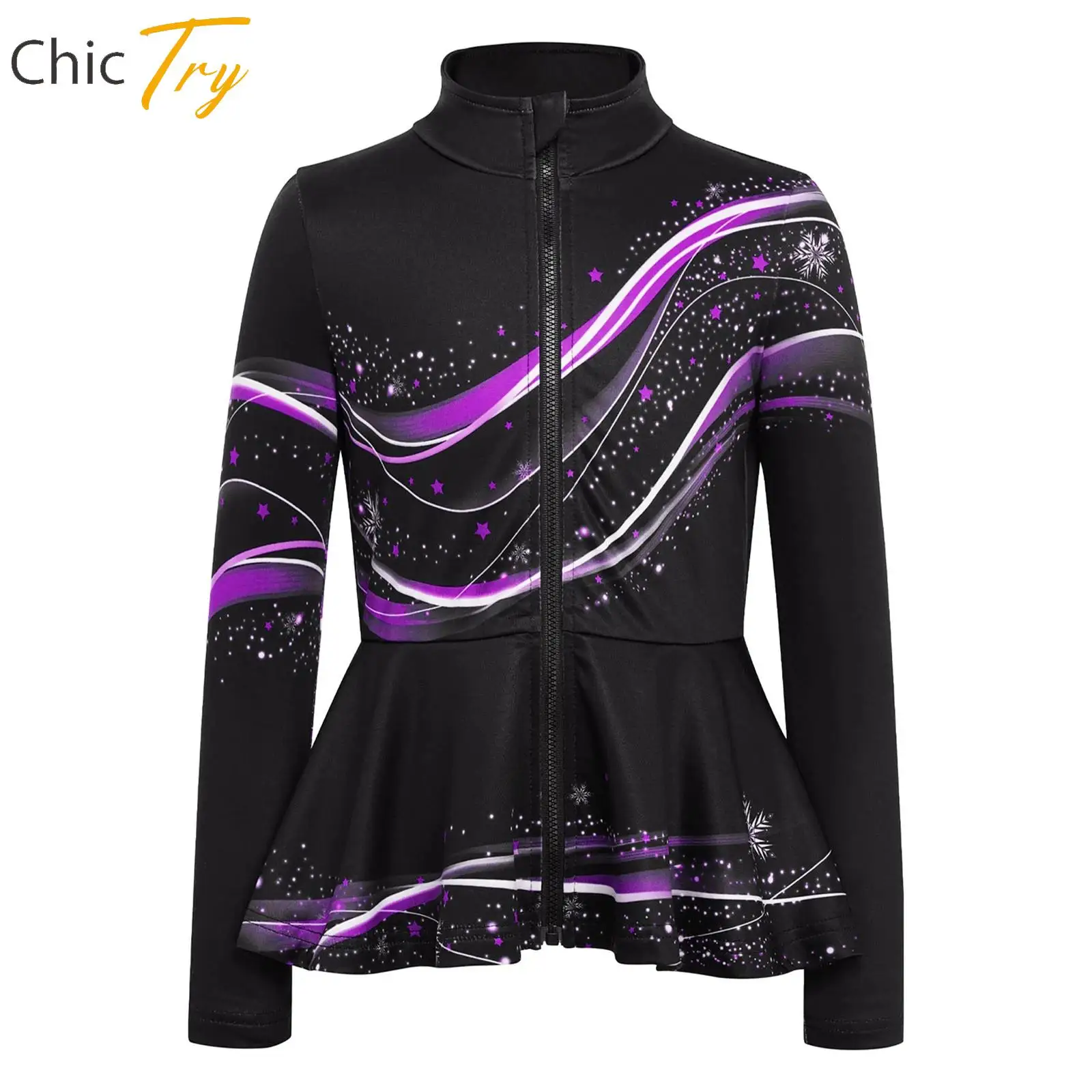 

Figure Skating Dance Tops for Girls Kids Rhythmic Gymnastics Workout Costumes Long Sleeve Peplum Jacket with Thin Fleece Lining