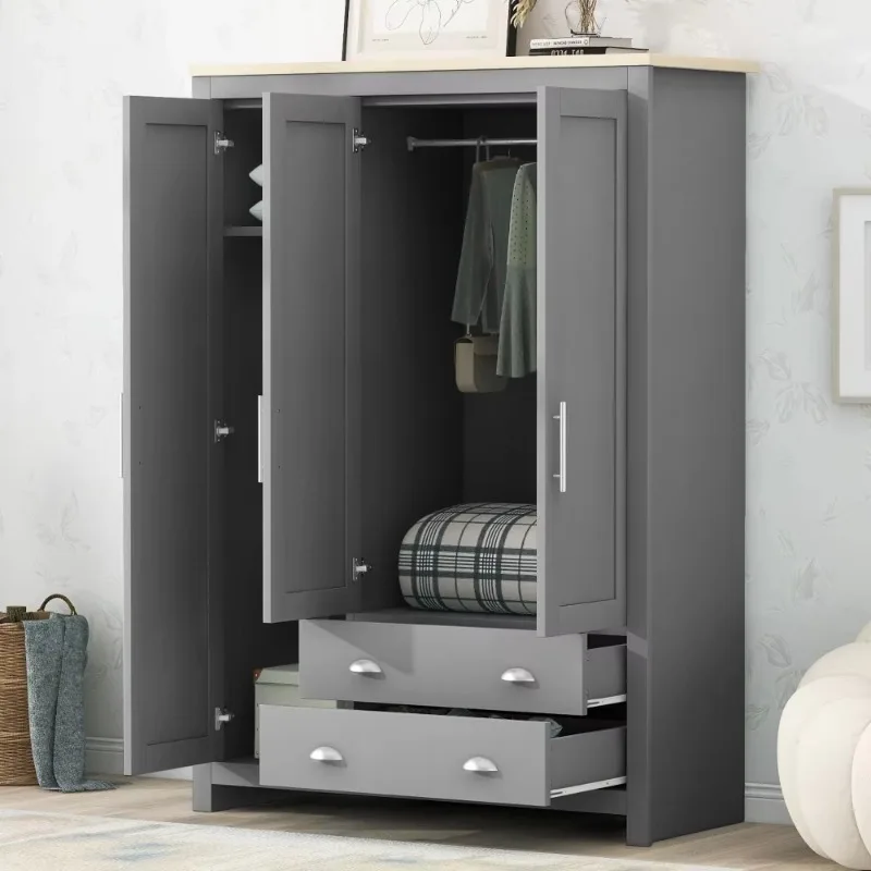 Modern Minimalist Durable Home Bedroom Furniture MDF Wooden Storage Wardrobe with Cabinets Slab Doors Metal Handles 2 Drawers
