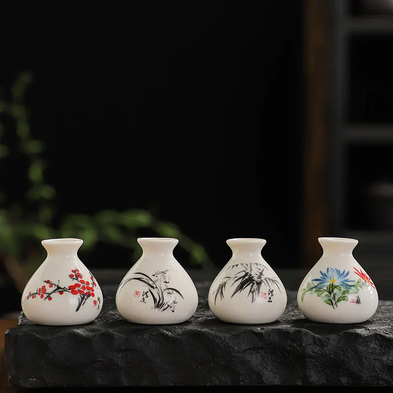 Mini Chinese Style White Ceramic Vase Plum Orchid Bamboo Chrysanthemum Pattern Tabletop Hydroponic Dried Flower Home Decor