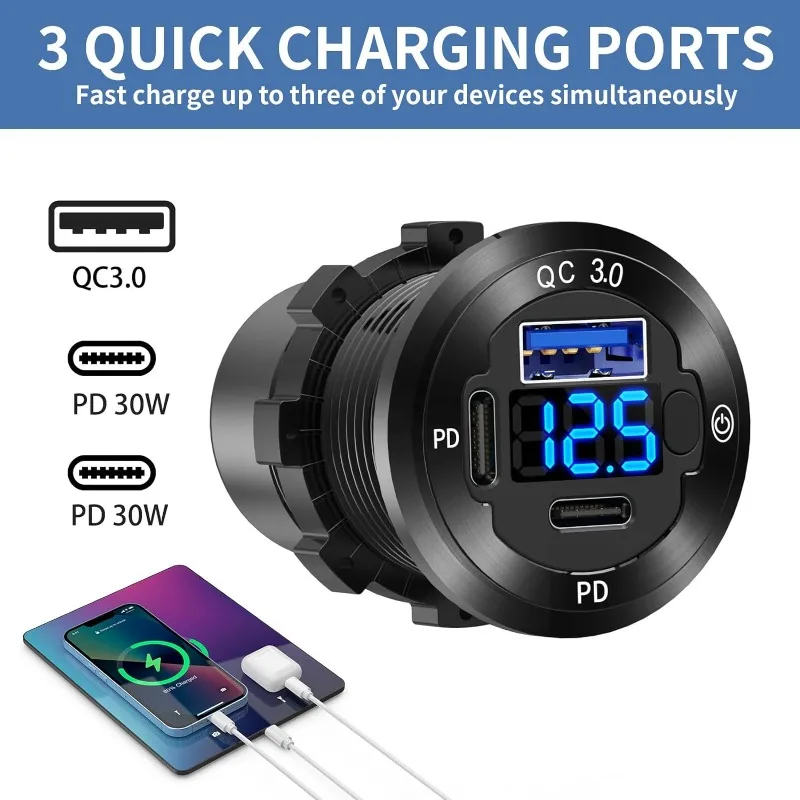 78W Car USB Charger QC3.0 and Dual PD Type C 3-Ports USB Car Charger Socket with Voltmeter Switch Aluminium Quick Charge Adapter