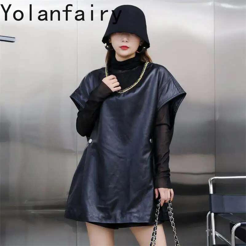 YOLANFAIRY Genuine Sheepskin Leather Vest Women Autumn Korean Style Black V Neck Loose Sleeveless Jacket Real Leather Waistcoat