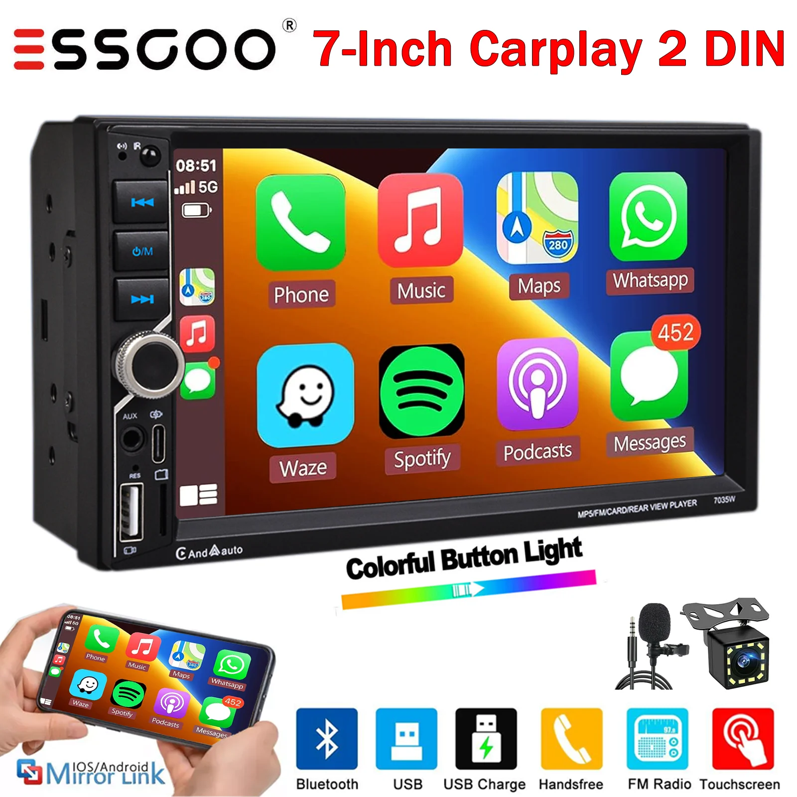 

Double 2 DIN 7inch Car Multimedia MP5 Video Player Wireless CarPlay Android Auto Mirrorlink Touch Screen FM AUX Bluetooth USB