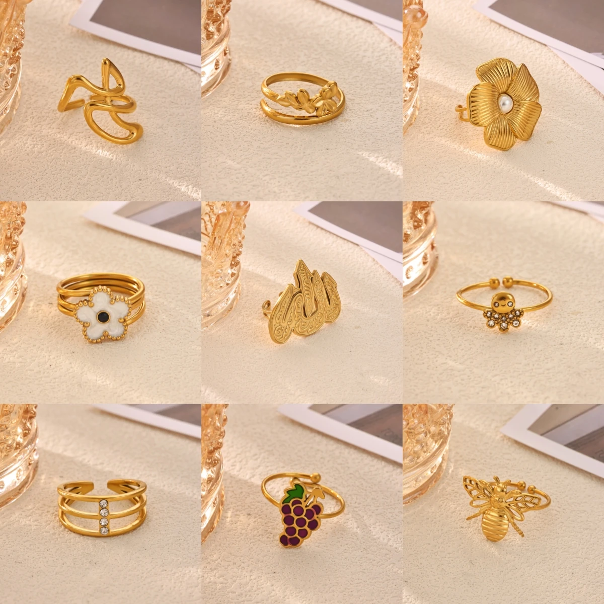 Vintage Weißer Emaille-Blumenring für Damen, Goldfarben, Edelstahl, Mehrschichtiger Gestapelter Ring mit Schwarzer Blume in der Mitte, Statement-Schmuck – Detail 1