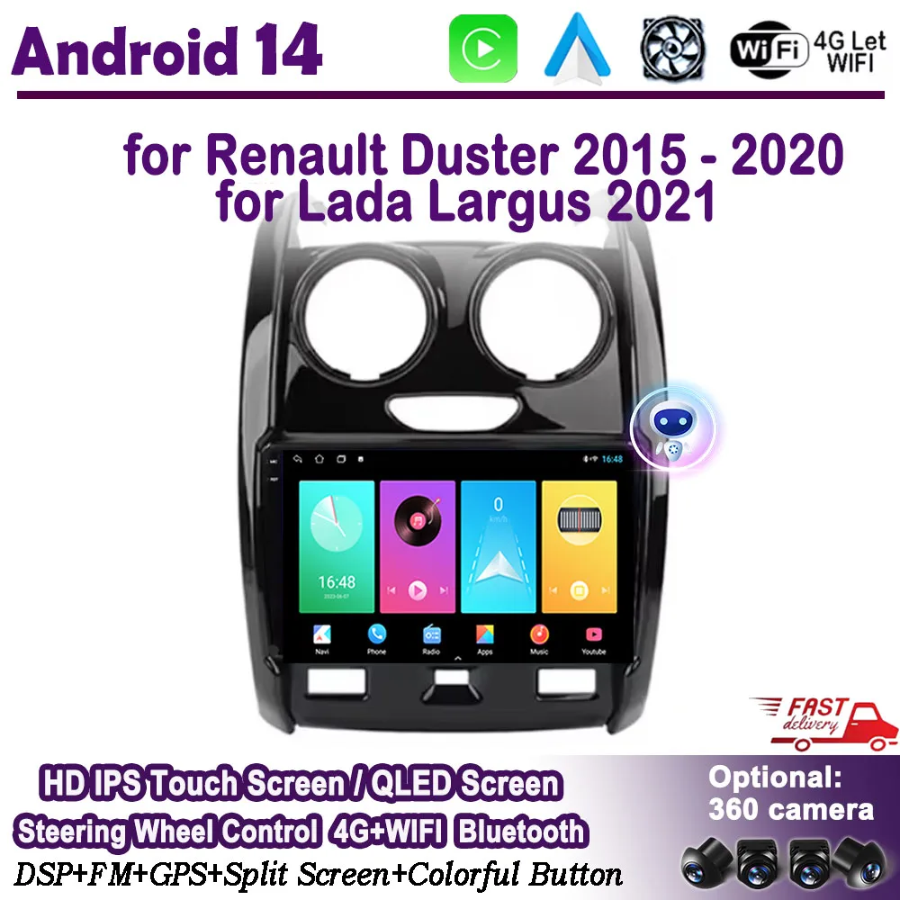 

Android 14 for Renault Duster 2015 - 2020 for Lada Largus 2021 Car Multimedia Video Player Android Auto Carplay GPS Navigation