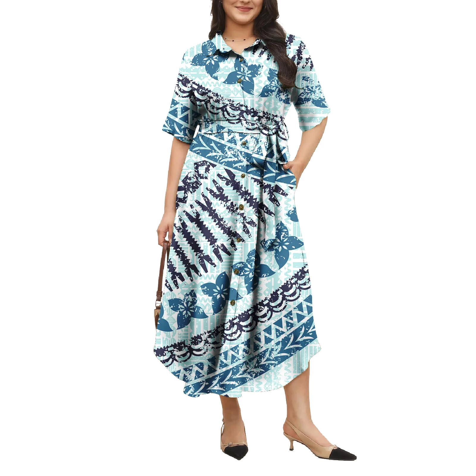 Pacific Islander Style Custom Polynesian Hawaiian Island Dresses Print Dress Ladies Women Shirt Dress For Holiday