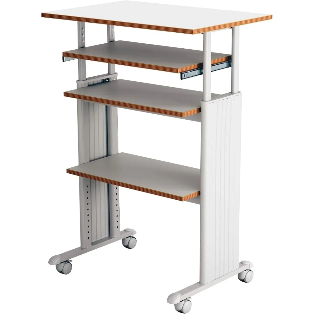 Adjustable-Height Desk with Keyboard Shelf, Steel Frame, Laminate Work Surface, Mobile on 4 Wheels, Powder Coat Finish