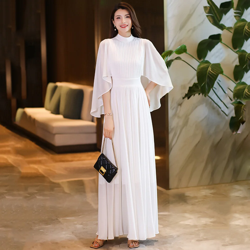 

New Women Spring Summer Cloak Dress Fashion Half High Collar Flare Sleeve White Chiffon Long Dress Elegant Overlength Dress