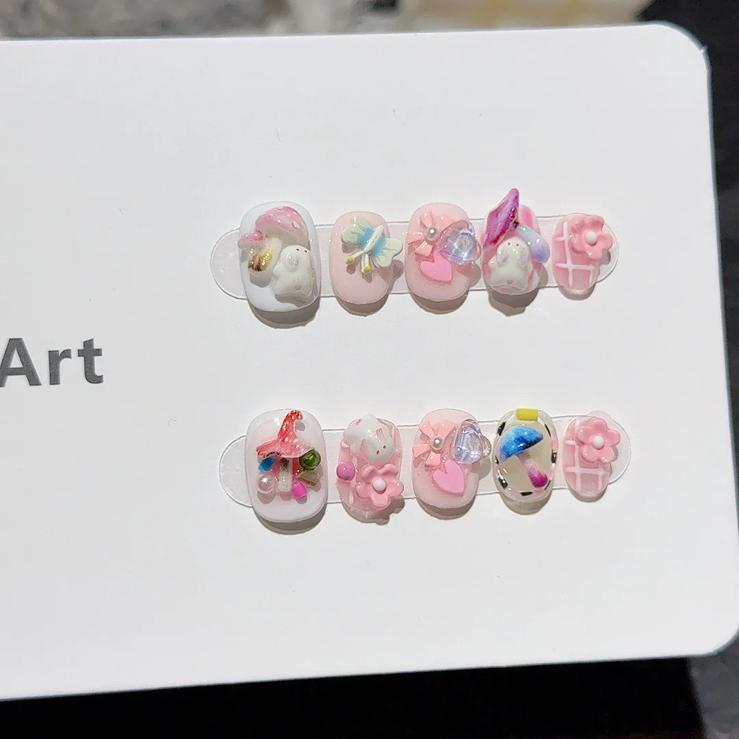 10 قطعة الصحافة اليدوية على الأظافر Ins الحلو الفطر أرنب ديكور الأظافر وهمية يمكن ارتداؤها انفصال الحلو لطيف قصيرة الوردي الأظافر كاذبة #1