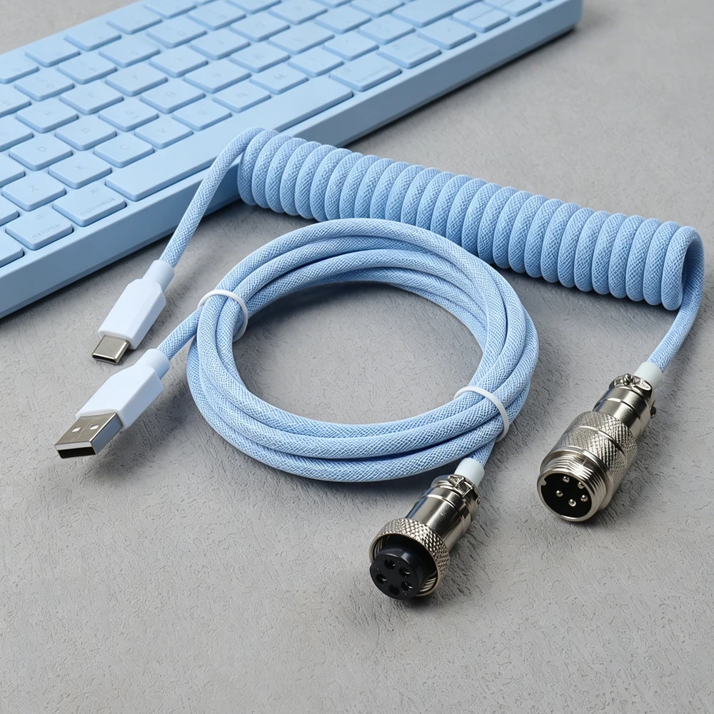Type C To USB-A Mechanical Keyboard Cable Coiled Keyboard Cable Detachable Metal Aviator Double Sleeved Wire For Gaming Keyboard