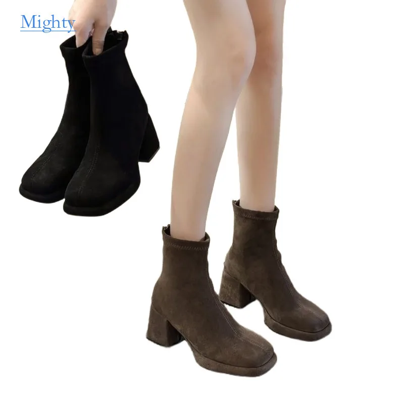 

Autumn Winter Square Head Suede High Heel Ankle Women Boots Female Women's French Elastic Platform Thick Snow Shoes Ladies