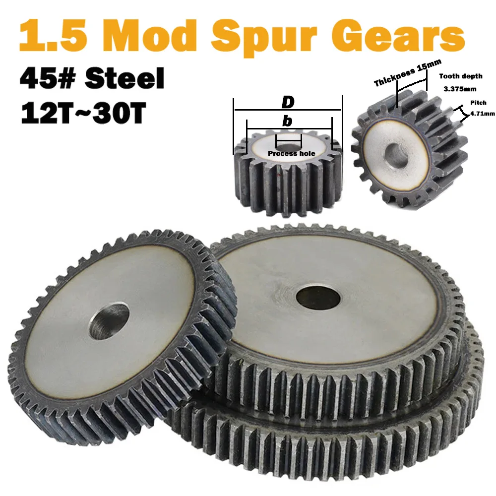 1pcs Spur Gears 1.5 Mod Metal 45# Steel 12/13/14/15/16/17/18/19/20/21/22/23/24/25/28/29/30teeth Cylindrical Transmission Gear