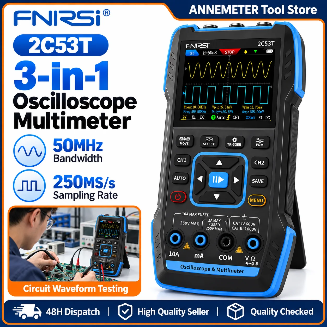 Multimeter with Oscilloscope, 3-in-1 Oscilloscope Multimeter DDS Generator Handheld Oscilloscope Digital Double Channel, 250MS/s