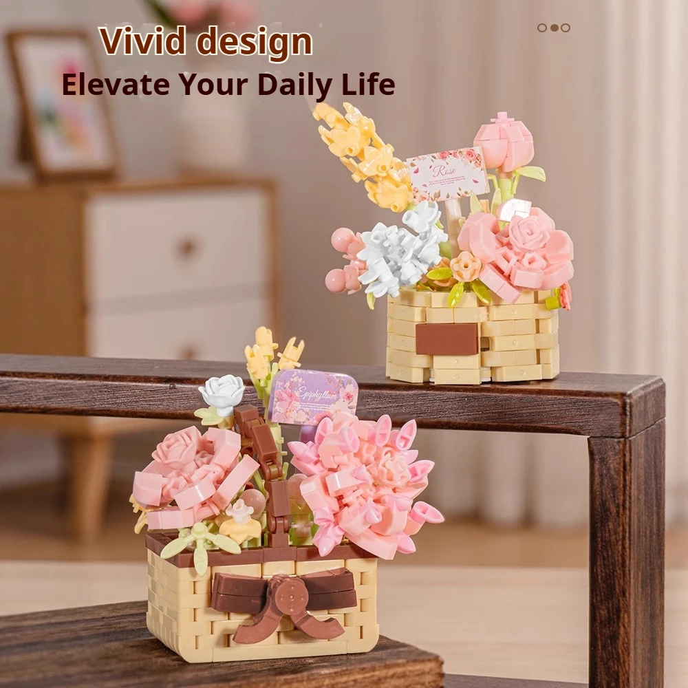 Xi Huan Flower Basket Rose Bouquet Abs Building Blocks Eternal Flower Diy Assembly Desktop Home Decoration Ornament