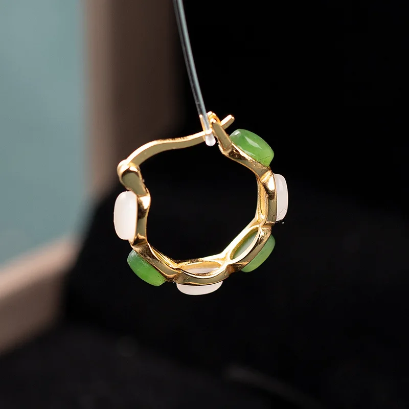 Natural Hetian , Exquisite Green White Jade Earrings, 925 Sterling Silver With Gold Plating And Inlay