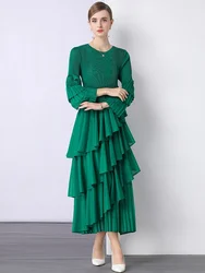 New Spring Autumn Pleated Women Dress Women Full Flare Sleeve Spliced Ruffles O-Neck Evening Party Dresses Elegant Lady Clothing