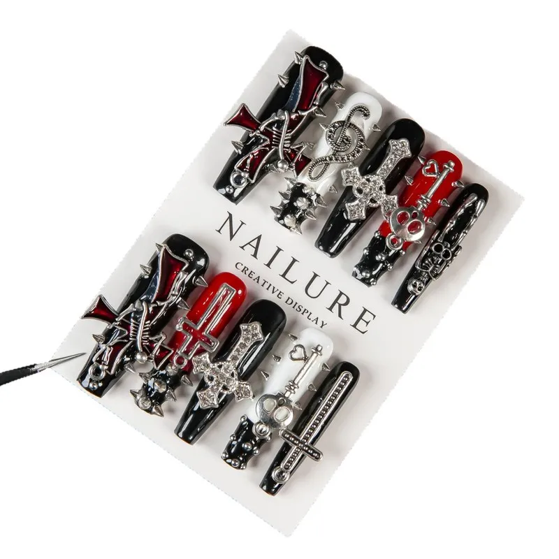 Handmade Long Coffin Press On Nails Black Red White Gothic Cross Metal Charms Fake Nails Punk Rivet Design Reusable Wearable Fal view 5
