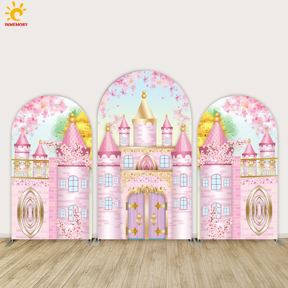 Newborn Baby Shower Background Arch Backdrop Cover Flower Pink Castle Arched Wall Backdrops Banner for Girl Birthday doubleside