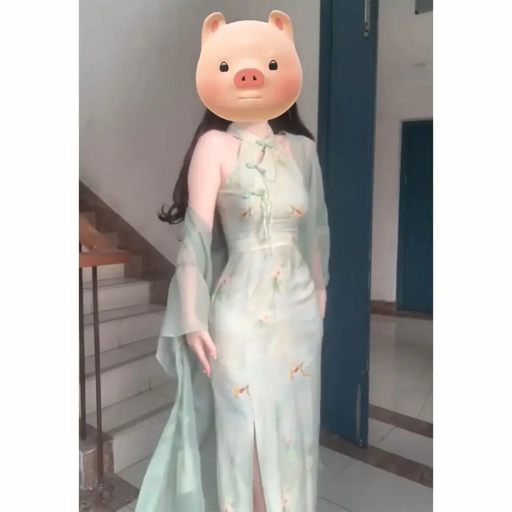 

New Chinese Style Improved Qipao Dress Summer New Green Hanging Neck Suspender Long Dress Shawl Two Piece Sets Women Outfits