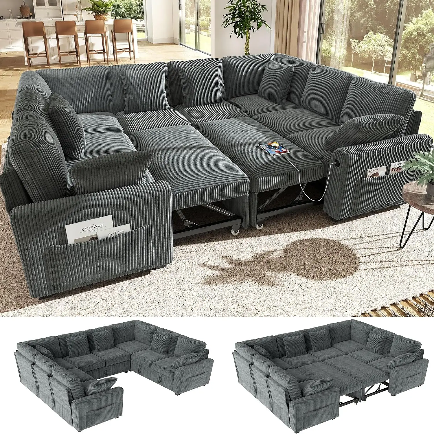 8-Seater Large Sectional Sofa Bed with Storage Lovescat, Corduroy Modular Sleeper Sofa with USB Port & 6 Pillows,, Customized