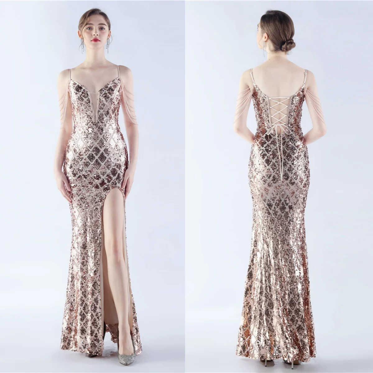 

Evening Dress Champagne Sequins Stretchy Sgaphetti Straps Beads Mermaid Trumpet Floor Length Slit Women Party Formal Gown YE255