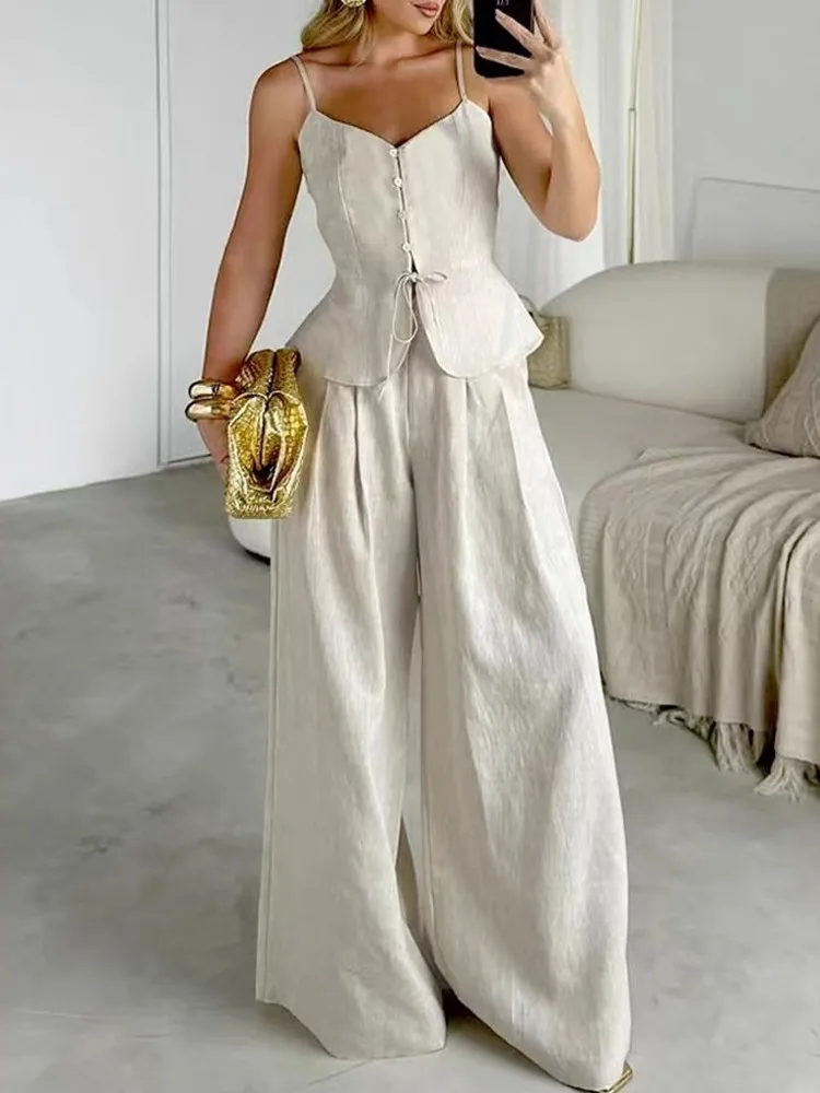 

Комплекты из двух предметов для женщин, новинка 2026 года, весна-лето, парные комплекты, топы без рукавов и брюки, костюмы, одежда