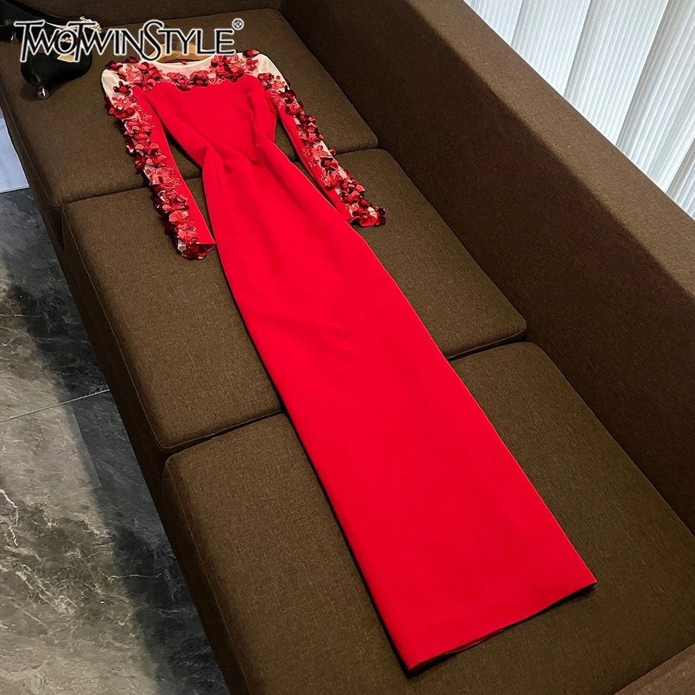 TWOTWINSTYLE Luxury Solid Slimming Dresses For Women Round Neck Long Sleeve High Waist Spring Elegant Dress Female New KDR534470