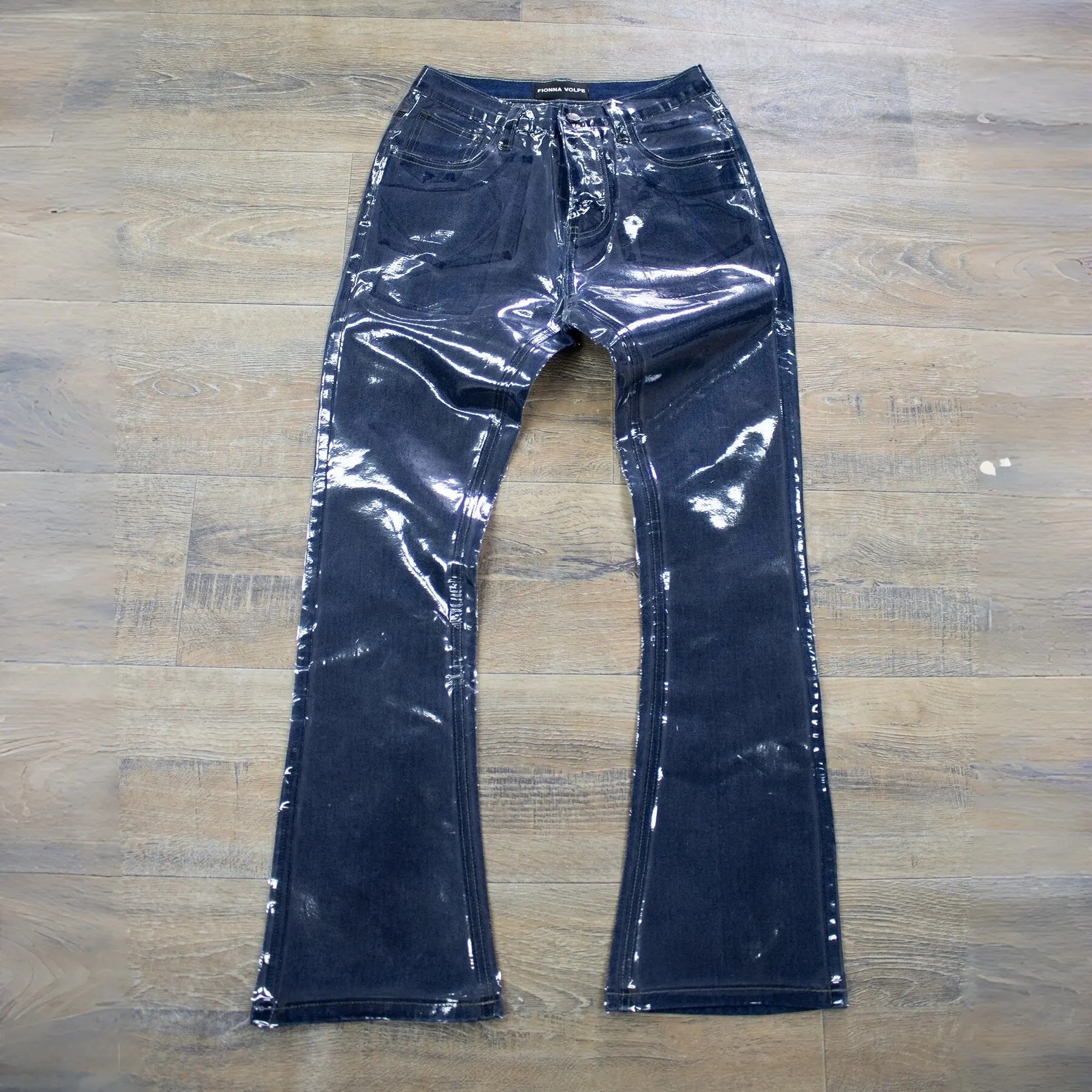 Mens Deep Blue Glossy Coated Jeans Fit Flared Denim Pants with Shine Leather Finish for Edgy Streetwear Looks
