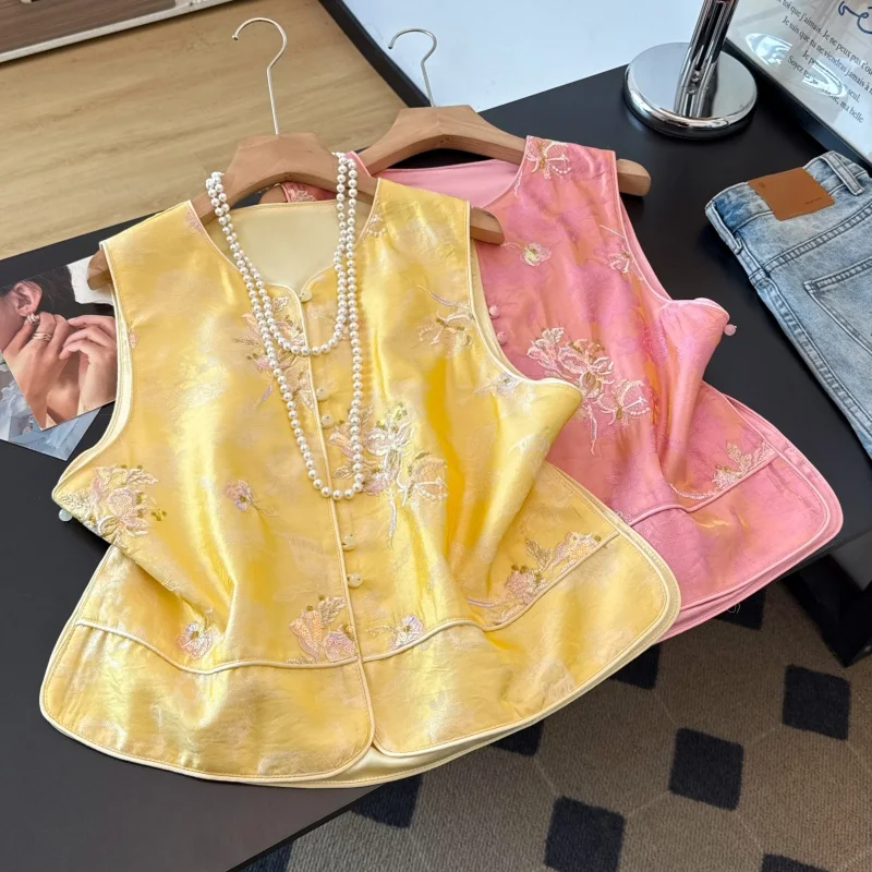 Elegant Lady's Embroidered Floral Shoulder Pad Improved Version Heavy Embroidery Chinese Style Women's Top Vest Autumn Fashion