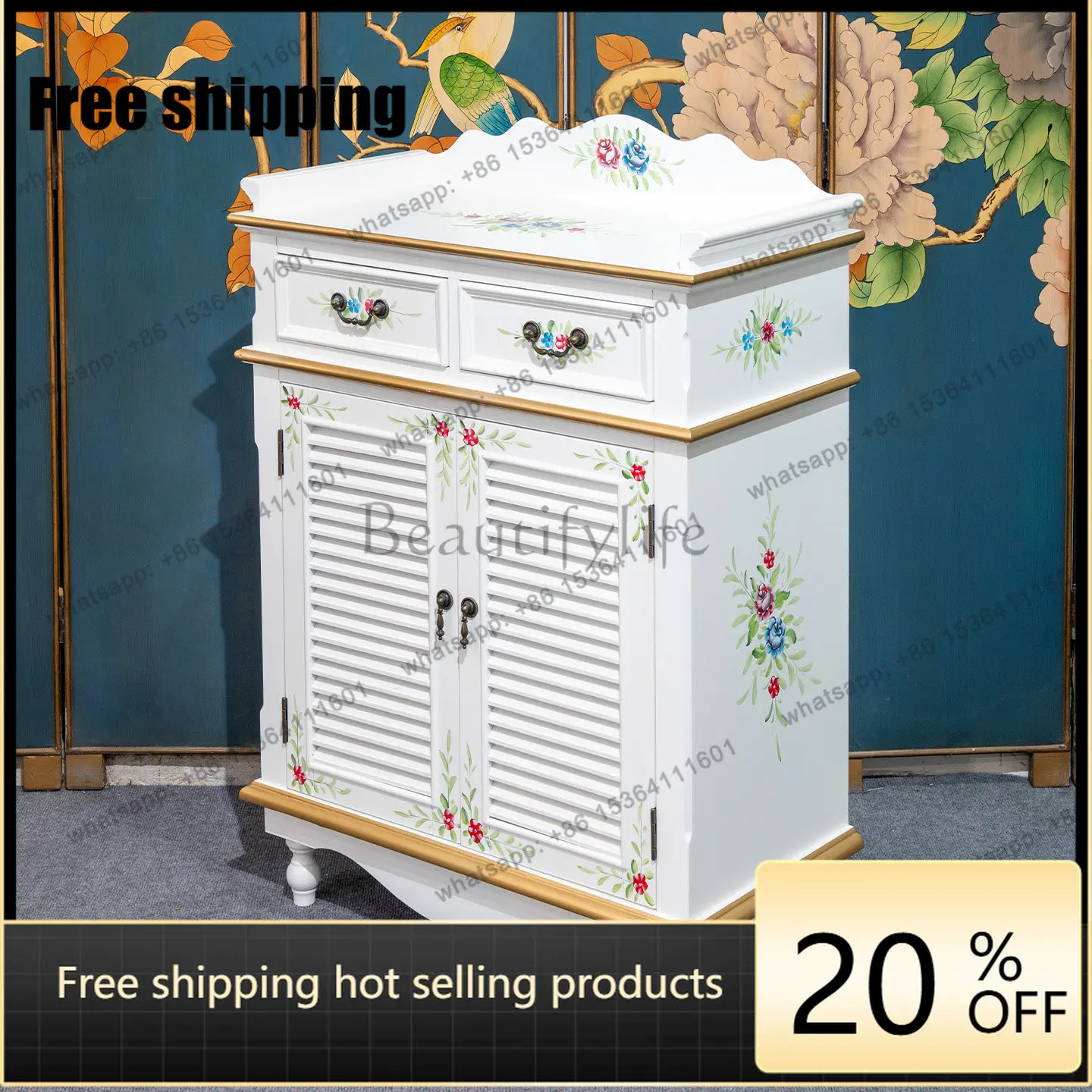 XX American rural fresh hand-painted side cabinet, living room entrance decorative storage cabinet